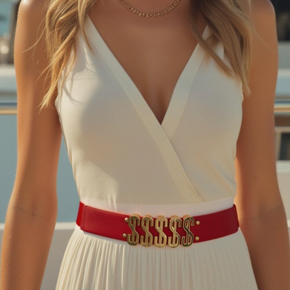 Women Red Color Elastic Waistband Skinny Belt Gold Dollar Sign $$$ Size S M z007 - Picture 7 of 16